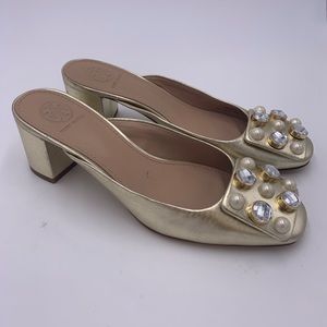 Tory Burch Gold Block Heel Mules
